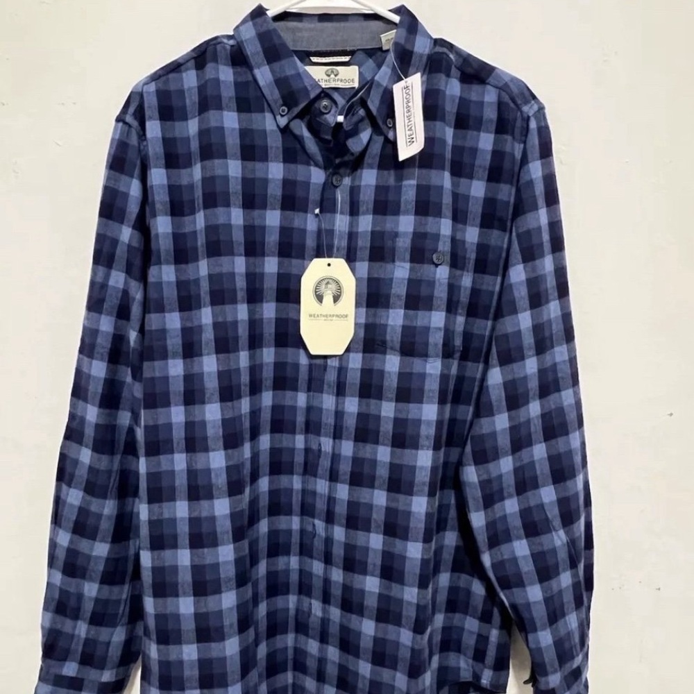 NWT Weatherproof Shirt Mens Size Medium Blue Plaid Long Sleeve Flannel Classic